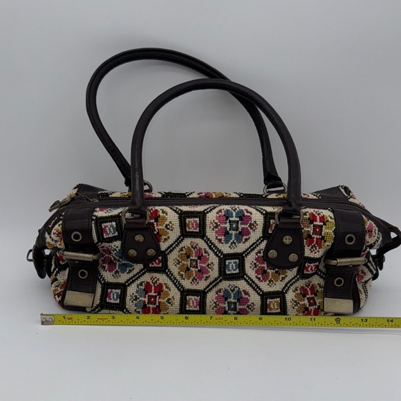 Anthropologie Nest Cross Stitch Embroidery Purse Bag Satchel Leather Handles - Picture 9 of 10